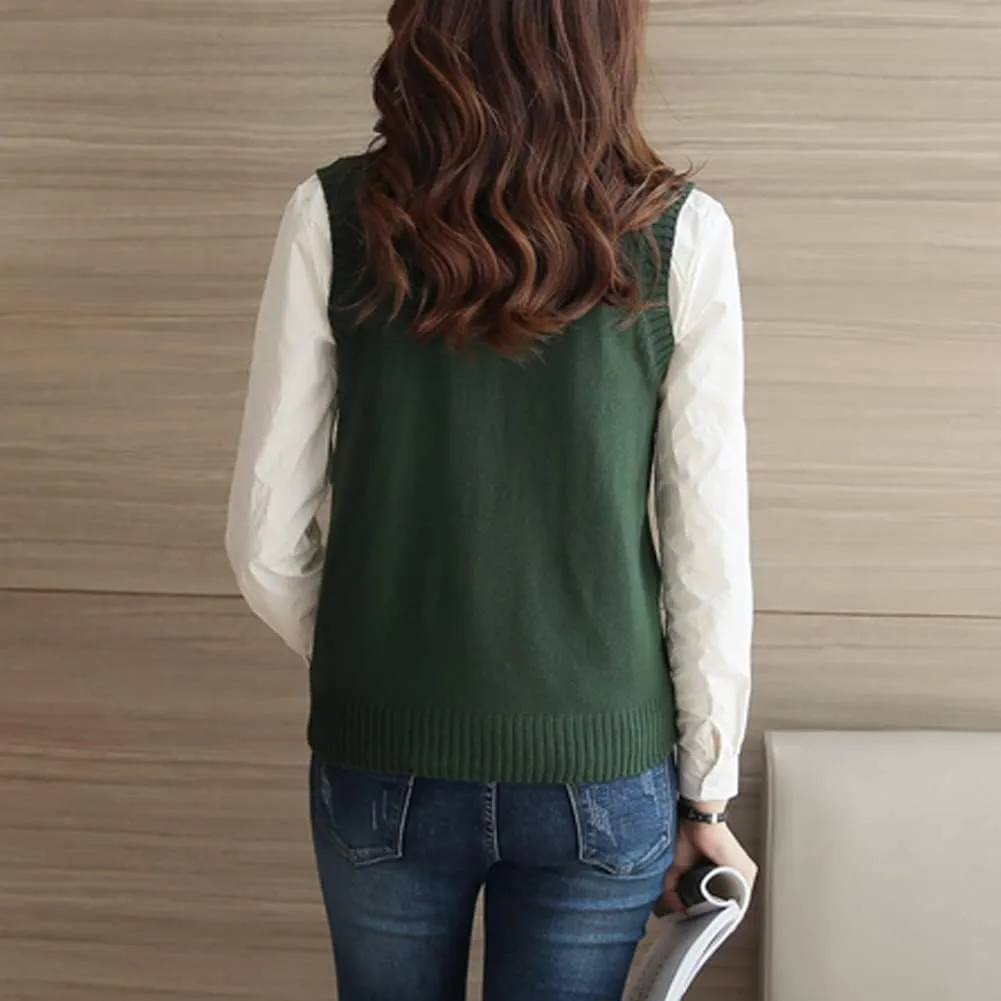 Womens V Neck Sweater Vest School Uniform Solid Color Sleeveless Knit Sweaters Pullover Tank Tops