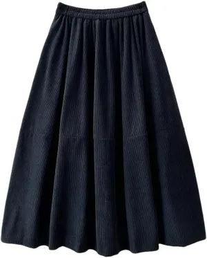 Women's Vintage Corduroy Midi Long Skirt with Pockets High Waist Pleated Swing Skirts