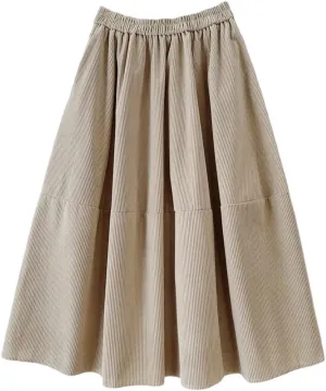 Women's Vintage Corduroy Midi Long Skirt with Pockets High Waist Pleated Swing Skirts