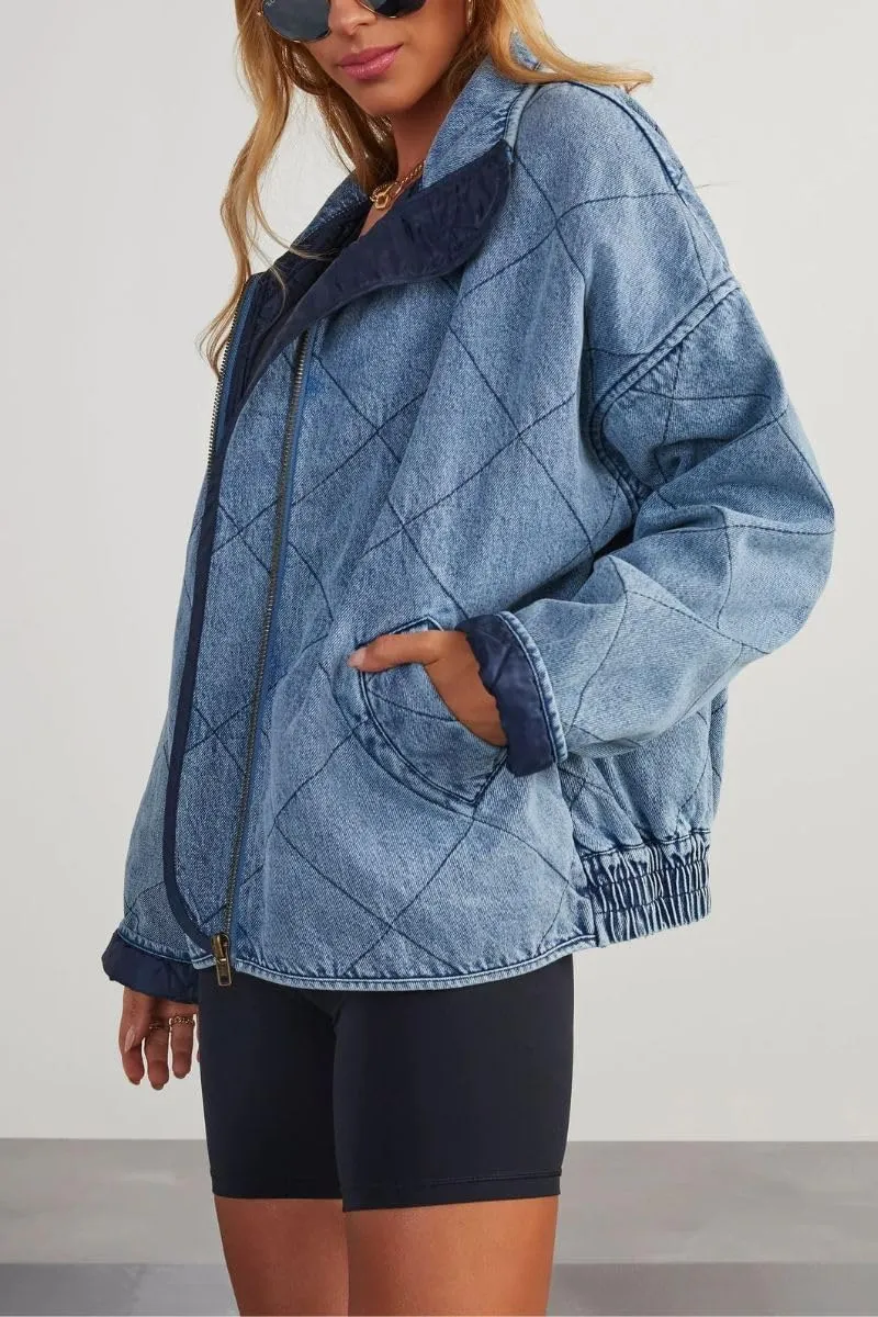 Women's Vintage Diamond Quilted Denim Jackets Collared Zip Up Long Sleeve Oversized Bomber Coat Outwear with Pockets