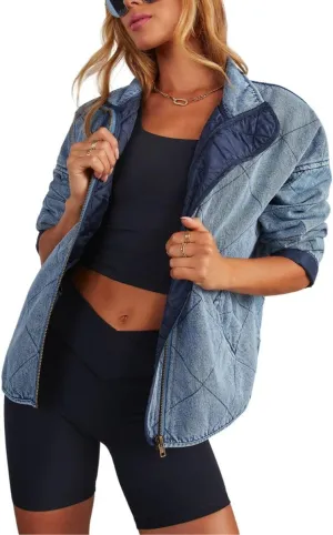Women's Vintage Diamond Quilted Denim Jackets Collared Zip Up Long Sleeve Oversized Bomber Coat Outwear with Pockets