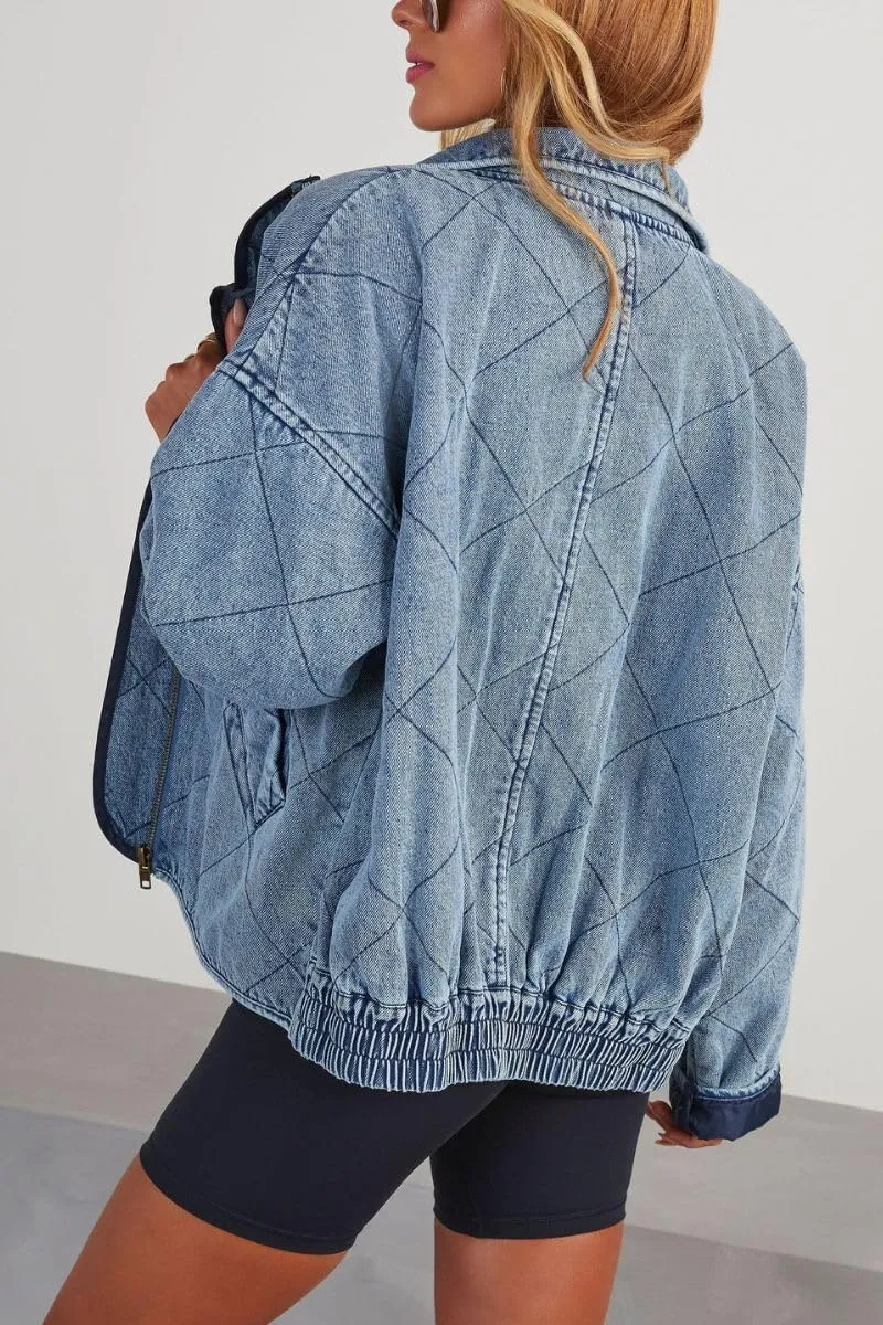Women's Vintage Diamond Quilted Denim Jackets Collared Zip Up Long Sleeve Oversized Bomber Coat Outwear with Pockets
