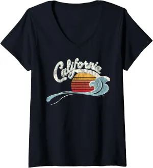 Womens Vintage Surfer - 70's Graphic Sunset - California V-Neck T-Shirt