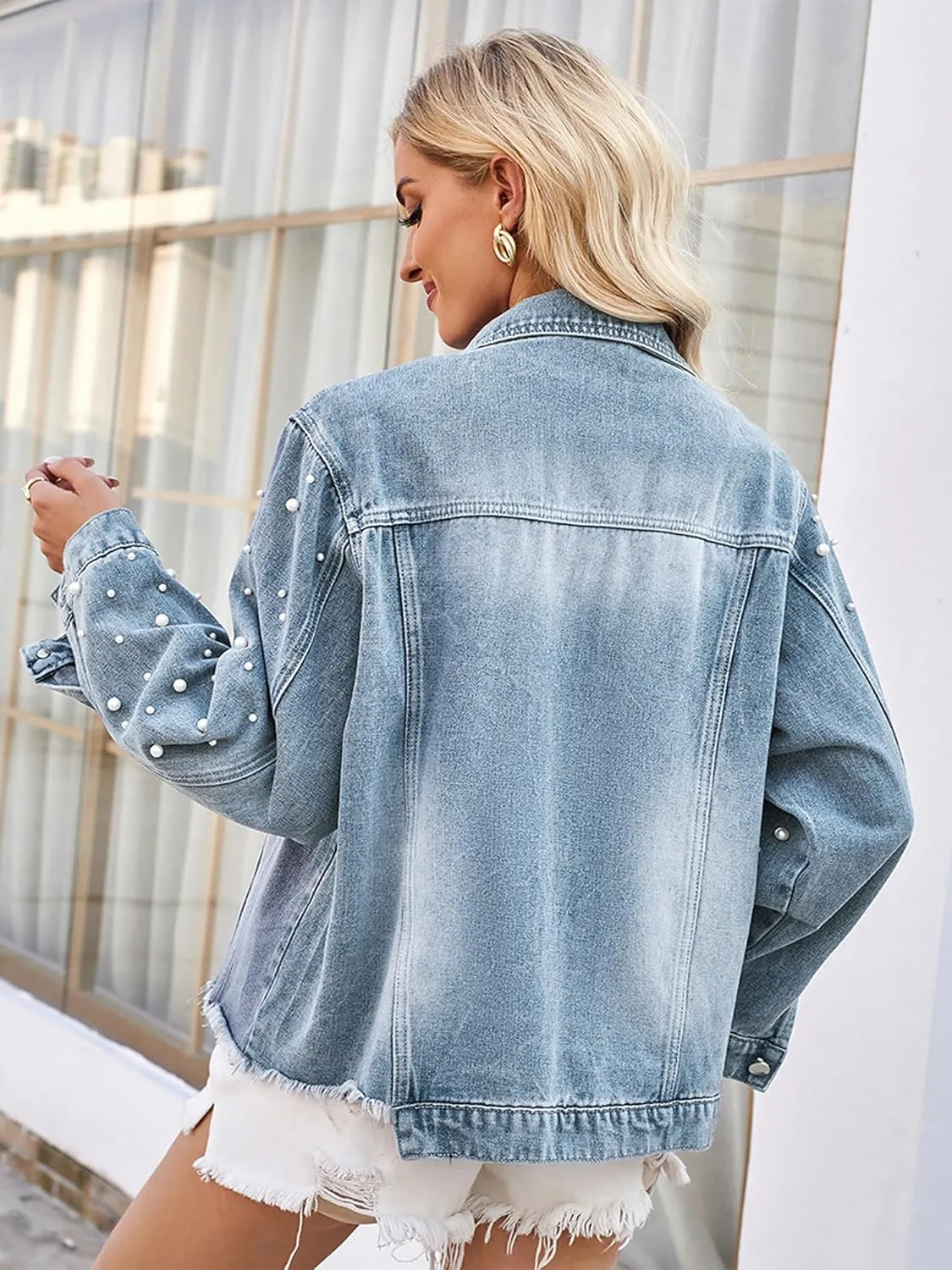 Women's Vintage Wash Denim Jacket Button Down Raw Hem Pearl Long Sleeves Jean Cardigan Coat for Outwear Streetwear