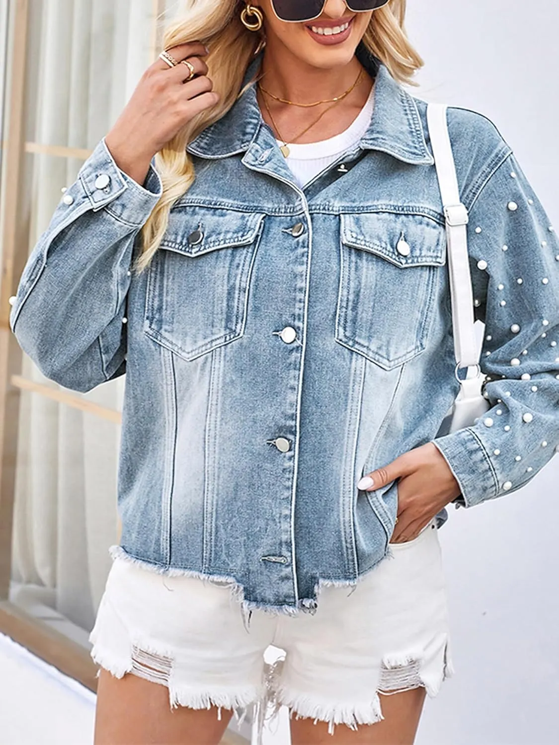 Women's Vintage Wash Denim Jacket Button Down Raw Hem Pearl Long Sleeves Jean Cardigan Coat for Outwear Streetwear