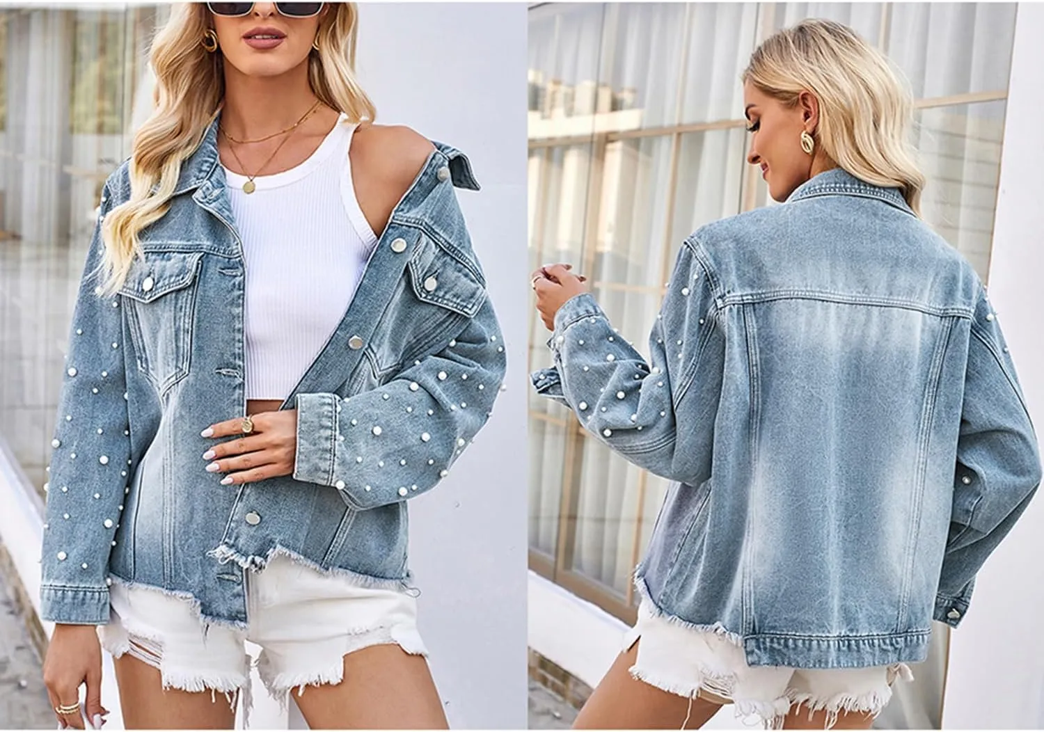 Women's Vintage Wash Denim Jacket Button Down Raw Hem Pearl Long Sleeves Jean Cardigan Coat for Outwear Streetwear