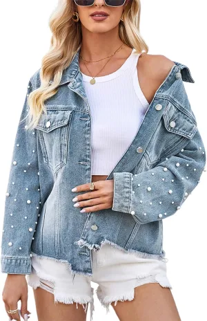 Women's Vintage Wash Denim Jacket Button Down Raw Hem Pearl Long Sleeves Jean Cardigan Coat for Outwear Streetwear