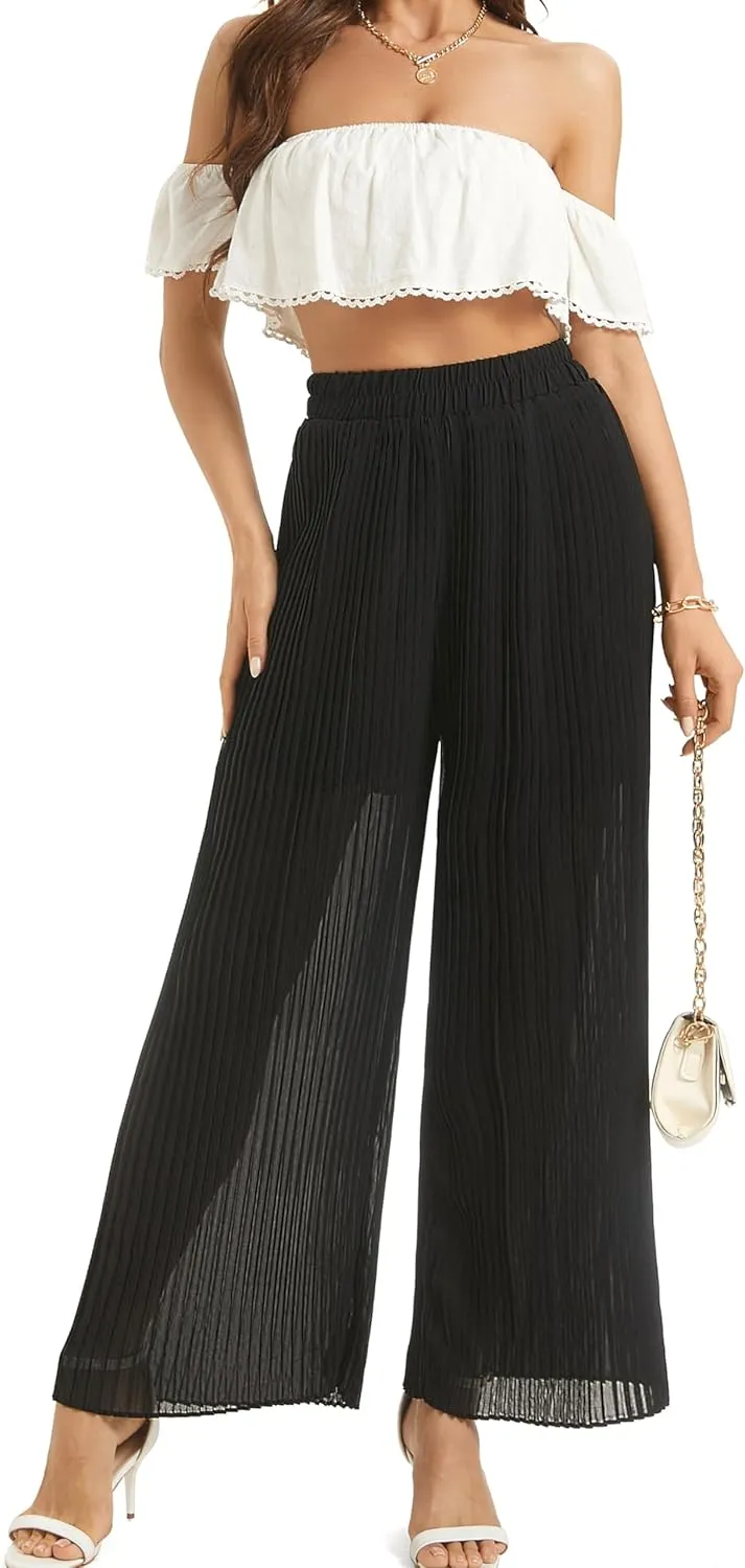 Women's Wide Leg Dress Pant High Waist Casual Flowy Boho Trousers Pleated Chiffon Elastic Waist Pants with Pocket