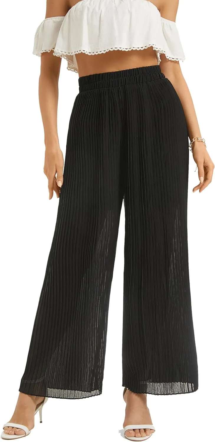 Women's Wide Leg Dress Pant High Waist Casual Flowy Boho Trousers Pleated Chiffon Elastic Waist Pants with Pocket