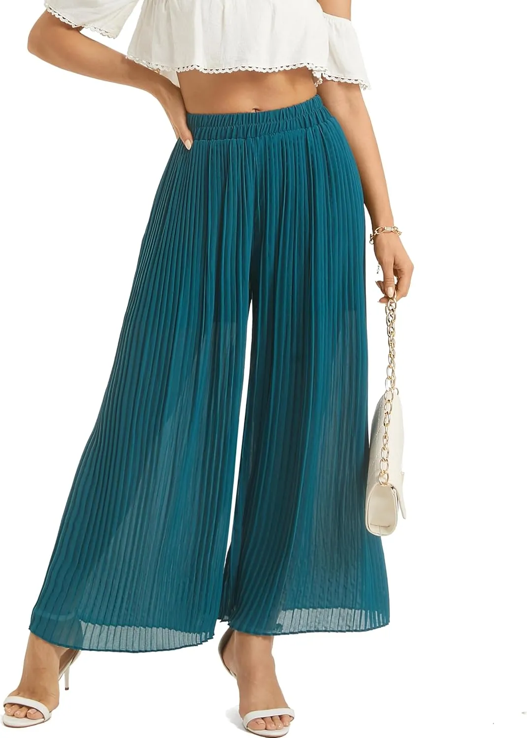 Women's Wide Leg Dress Pant High Waist Casual Flowy Boho Trousers Pleated Chiffon Elastic Waist Pants with Pocket