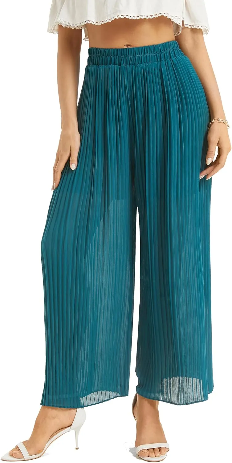 Women's Wide Leg Dress Pant High Waist Casual Flowy Boho Trousers Pleated Chiffon Elastic Waist Pants with Pocket