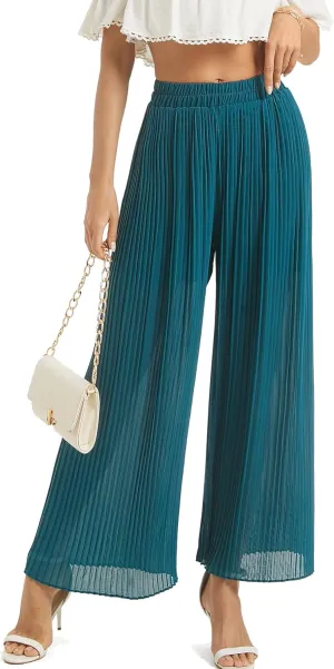 Women's Wide Leg Dress Pant High Waist Casual Flowy Boho Trousers Pleated Chiffon Elastic Waist Pants with Pocket