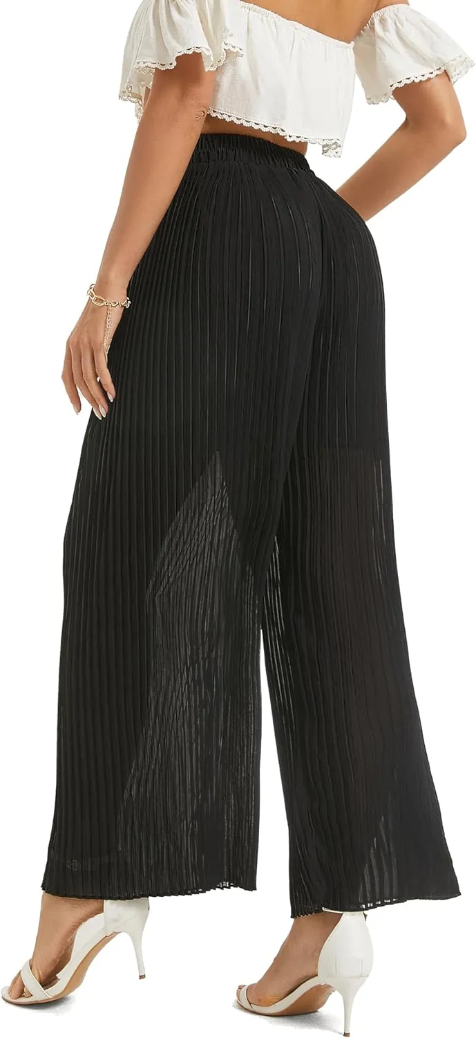 Women's Wide Leg Dress Pant High Waist Casual Flowy Boho Trousers Pleated Chiffon Elastic Waist Pants with Pocket