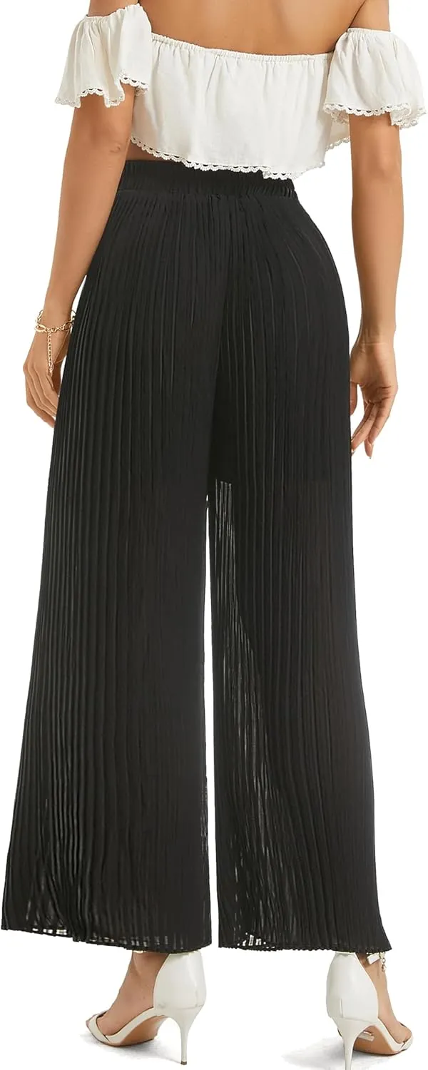 Women's Wide Leg Dress Pant High Waist Casual Flowy Boho Trousers Pleated Chiffon Elastic Waist Pants with Pocket