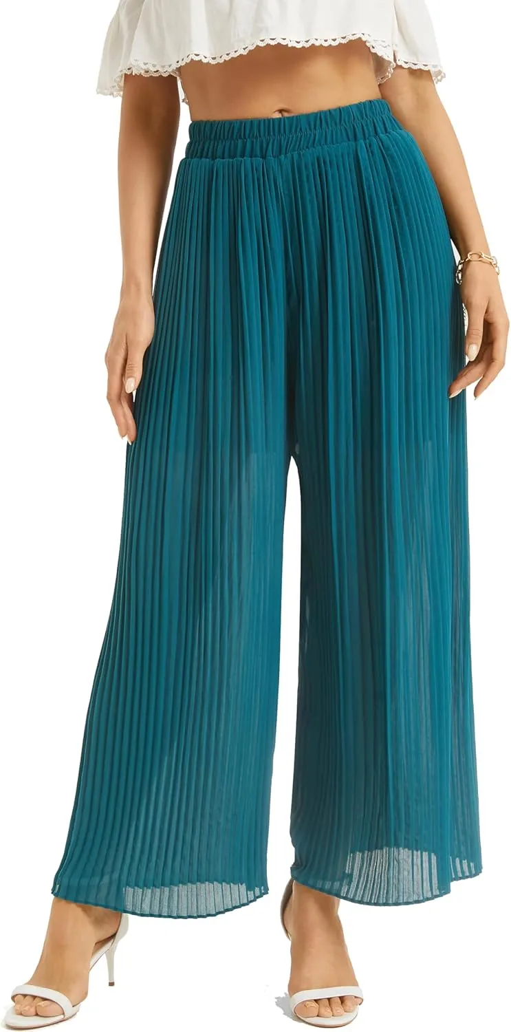 Women's Wide Leg Dress Pant High Waist Casual Flowy Boho Trousers Pleated Chiffon Elastic Waist Pants with Pocket