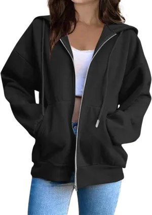 Womens Zip Up Hoodies Casual Long Sleeve Sweatershirts Oversized Drawstring Jackets with Pockets