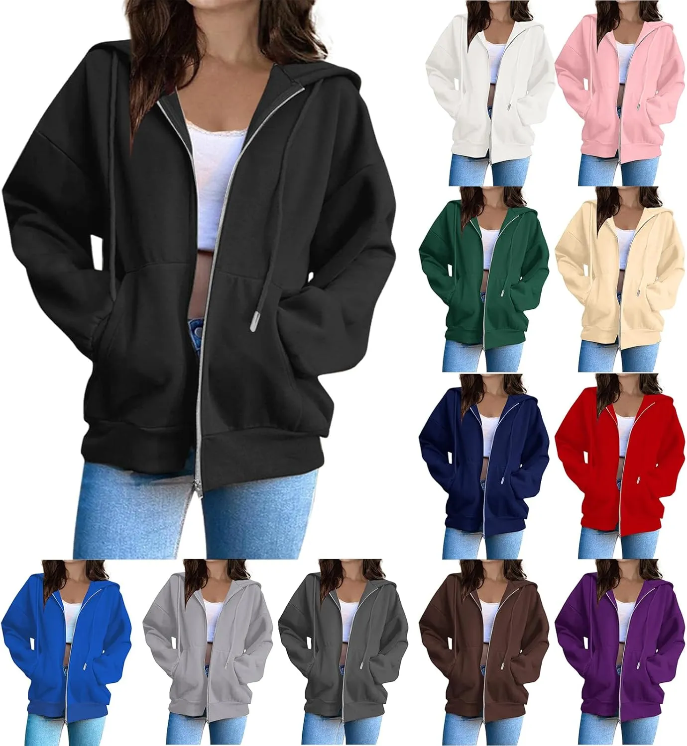 Womens Zip Up Hoodies Casual Long Sleeve Sweatershirts Oversized Drawstring Jackets with Pockets