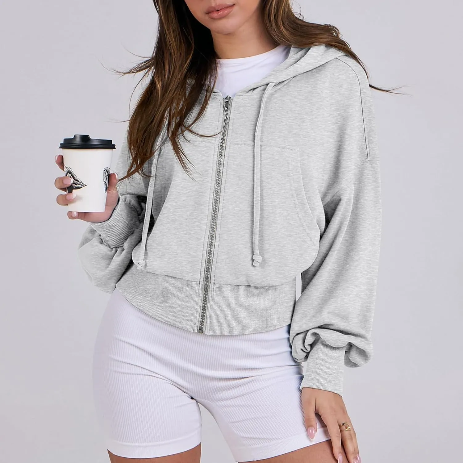 Womens Zip Up Hoodies Cropped Sweatshirts Fleece Crop Jacket Fall Casual Drawstring Full Zip Hoodie Winter Clothes