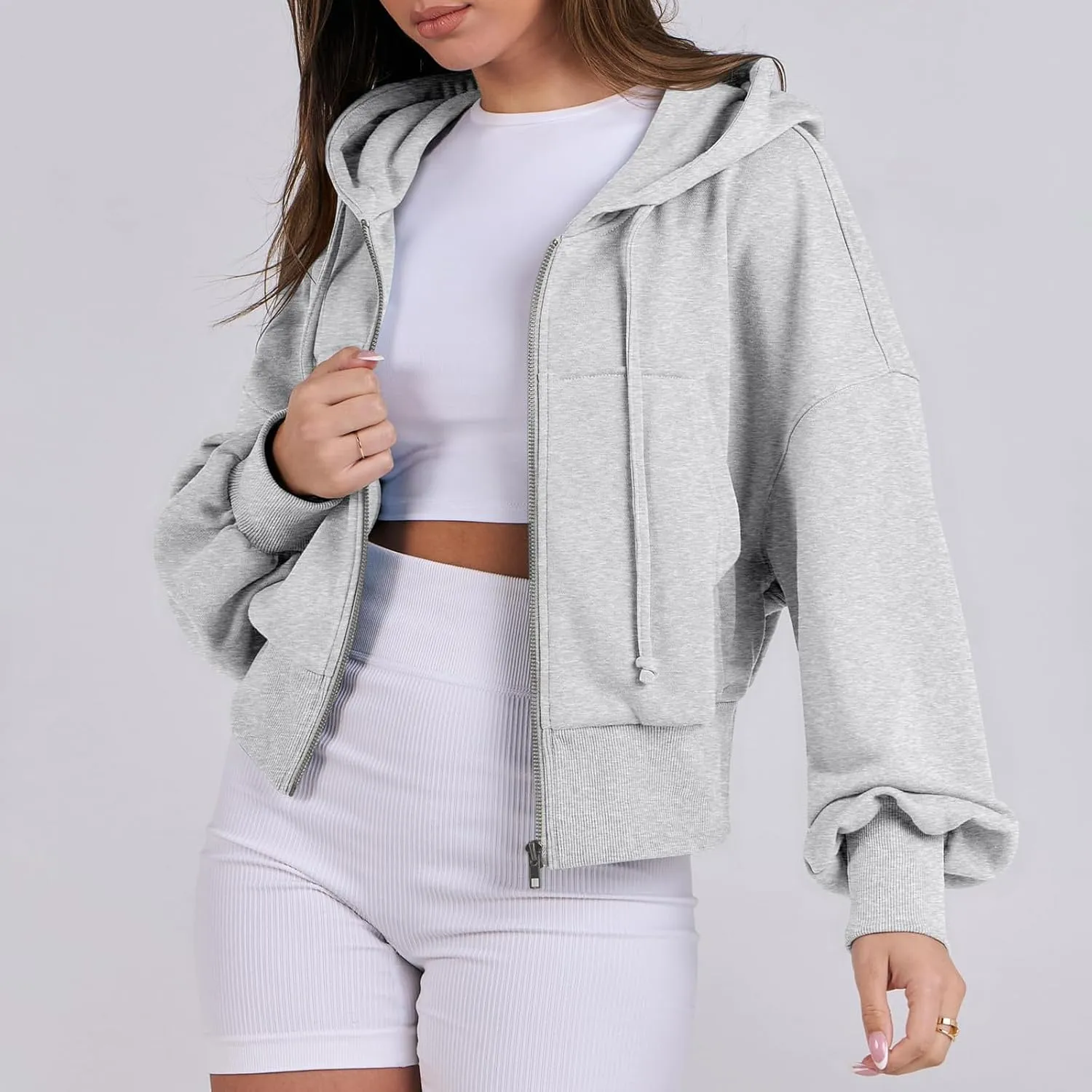 Womens Zip Up Hoodies Cropped Sweatshirts Fleece Crop Jacket Fall Casual Drawstring Full Zip Hoodie Winter Clothes