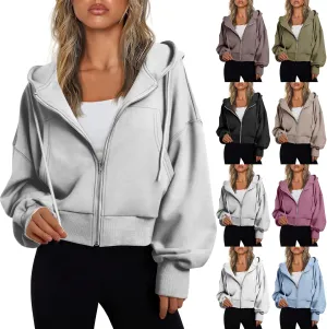 Womens Zip Up Hoodies Cropped Sweatshirts Fleece Crop Jacket Fall Casual Drawstring Full Zip Hoodie Winter Clothes