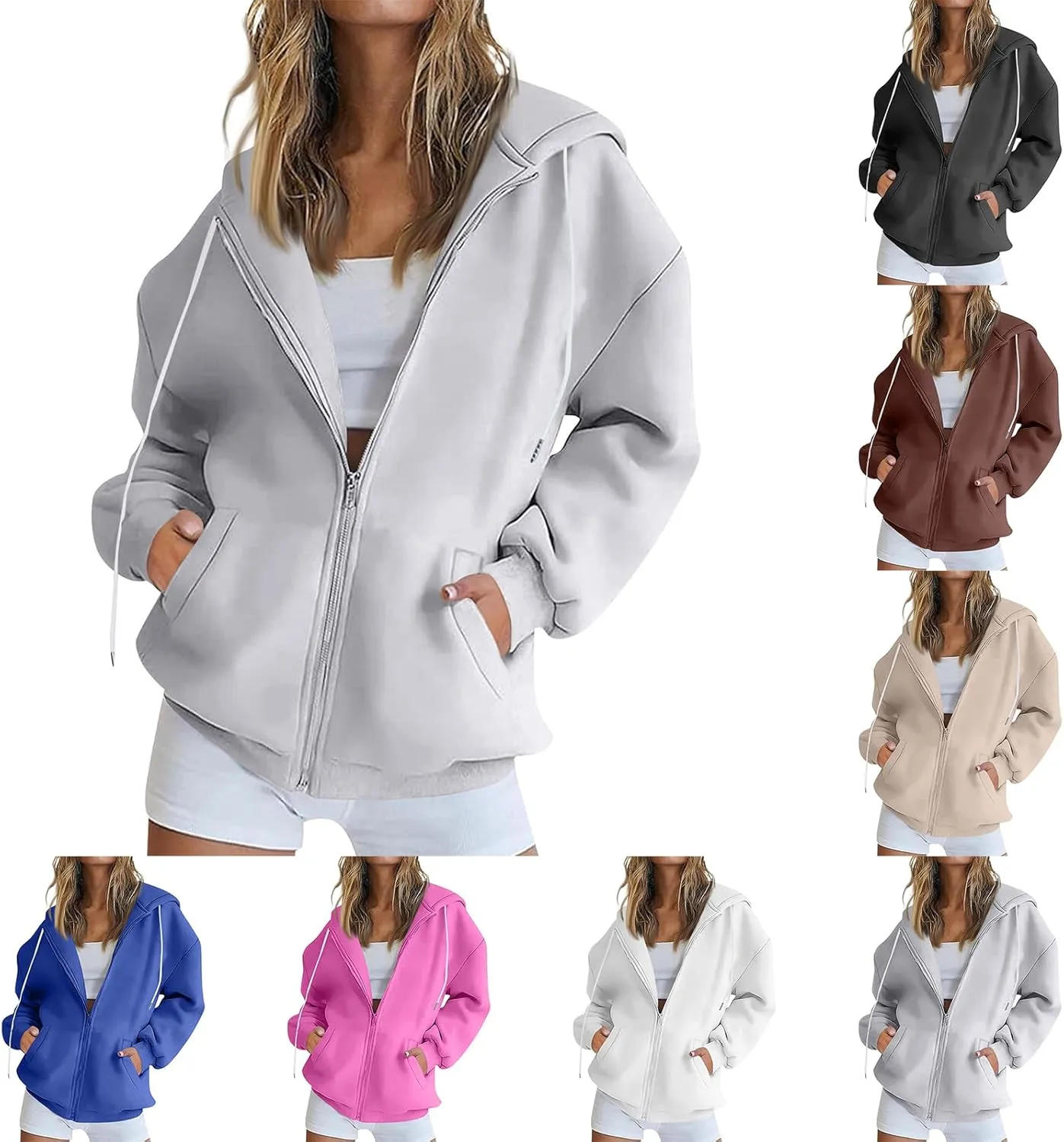 Womens Zip Up Hoodies Oversized Full Zip Up Hoodie Long Sleeve Drawstring Hooded Sweatshirt Fleece Jacket with Pockets