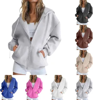 Womens Zip Up Hoodies Oversized Full Zip Up Hoodie Long Sleeve Drawstring Hooded Sweatshirt Fleece Jacket with Pockets
