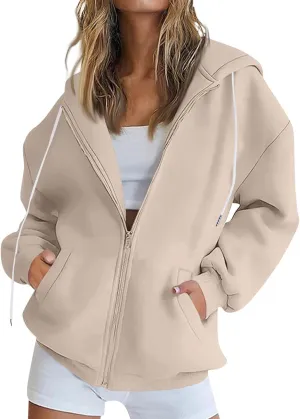 Womens Zip Up Hoodies Oversized Full Zip Up Hoodie Long Sleeve Drawstring Hooded Sweatshirt Fleece Jacket with Pockets