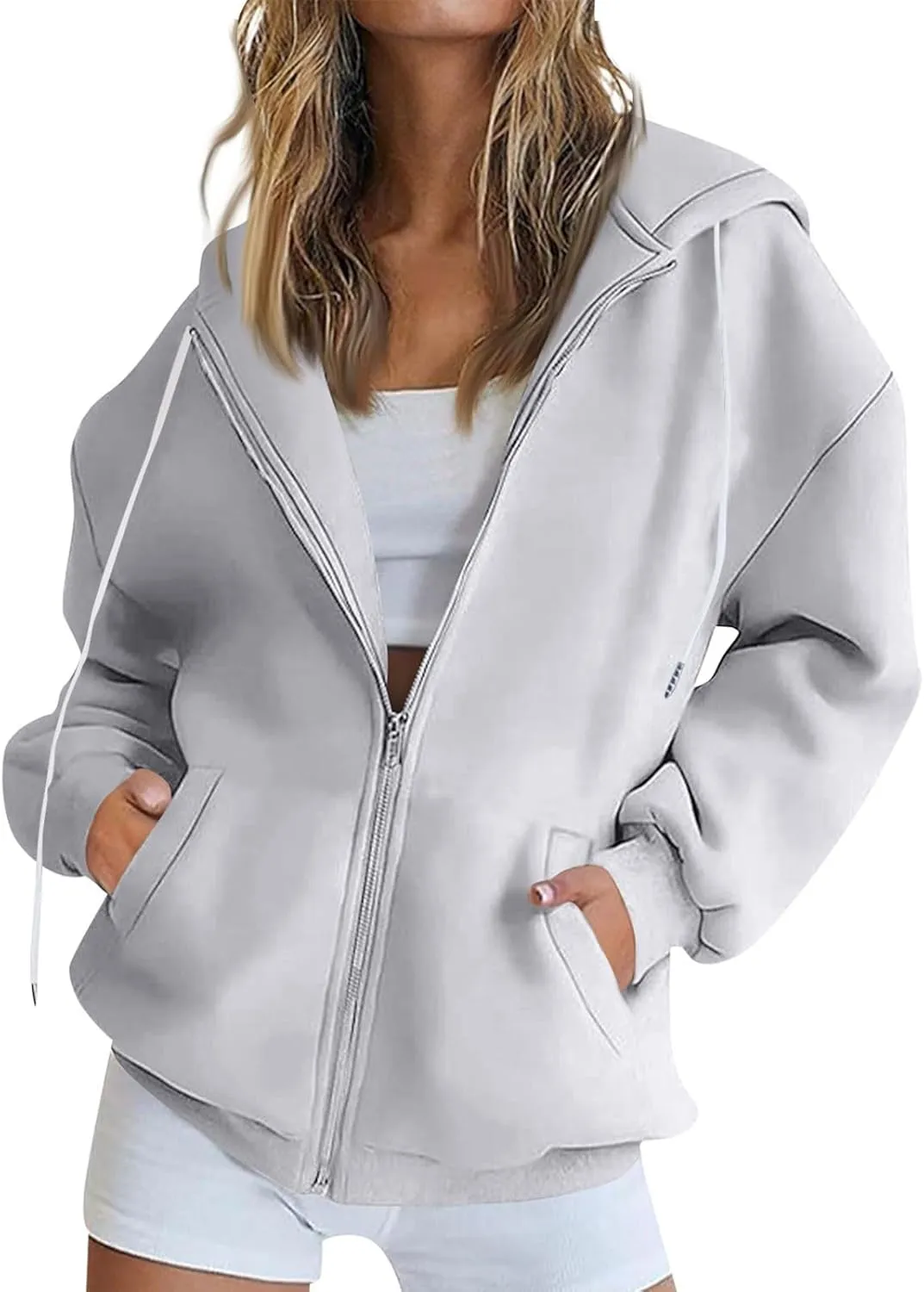 Womens Zip Up Hoodies Oversized Full Zip Up Hoodie Long Sleeve Drawstring Hooded Sweatshirt Fleece Jacket with Pockets