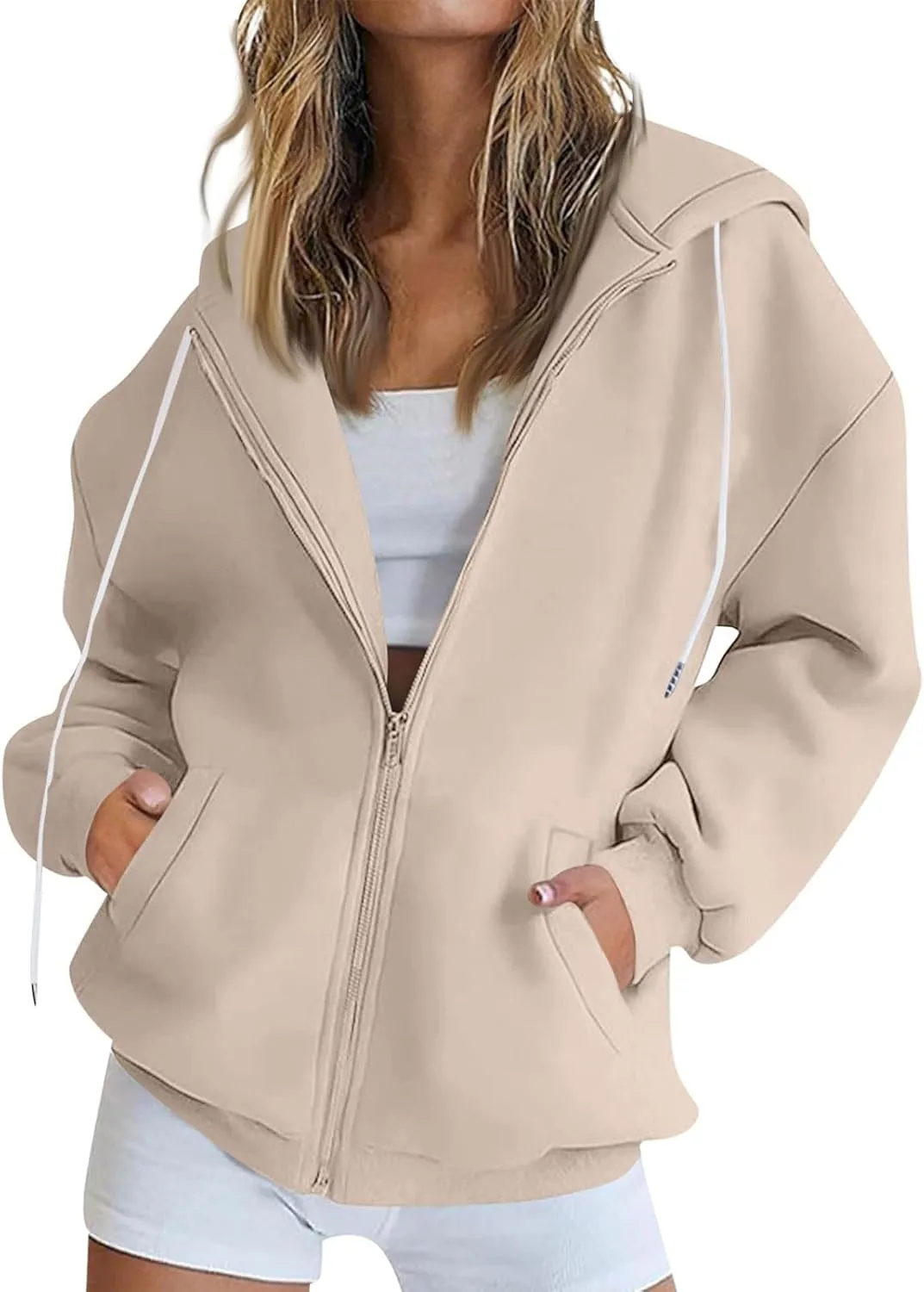 Womens Zip Up Hoodies Oversized Full Zip Up Hoodie Long Sleeve Drawstring Hooded Sweatshirt Fleece Jacket with Pockets