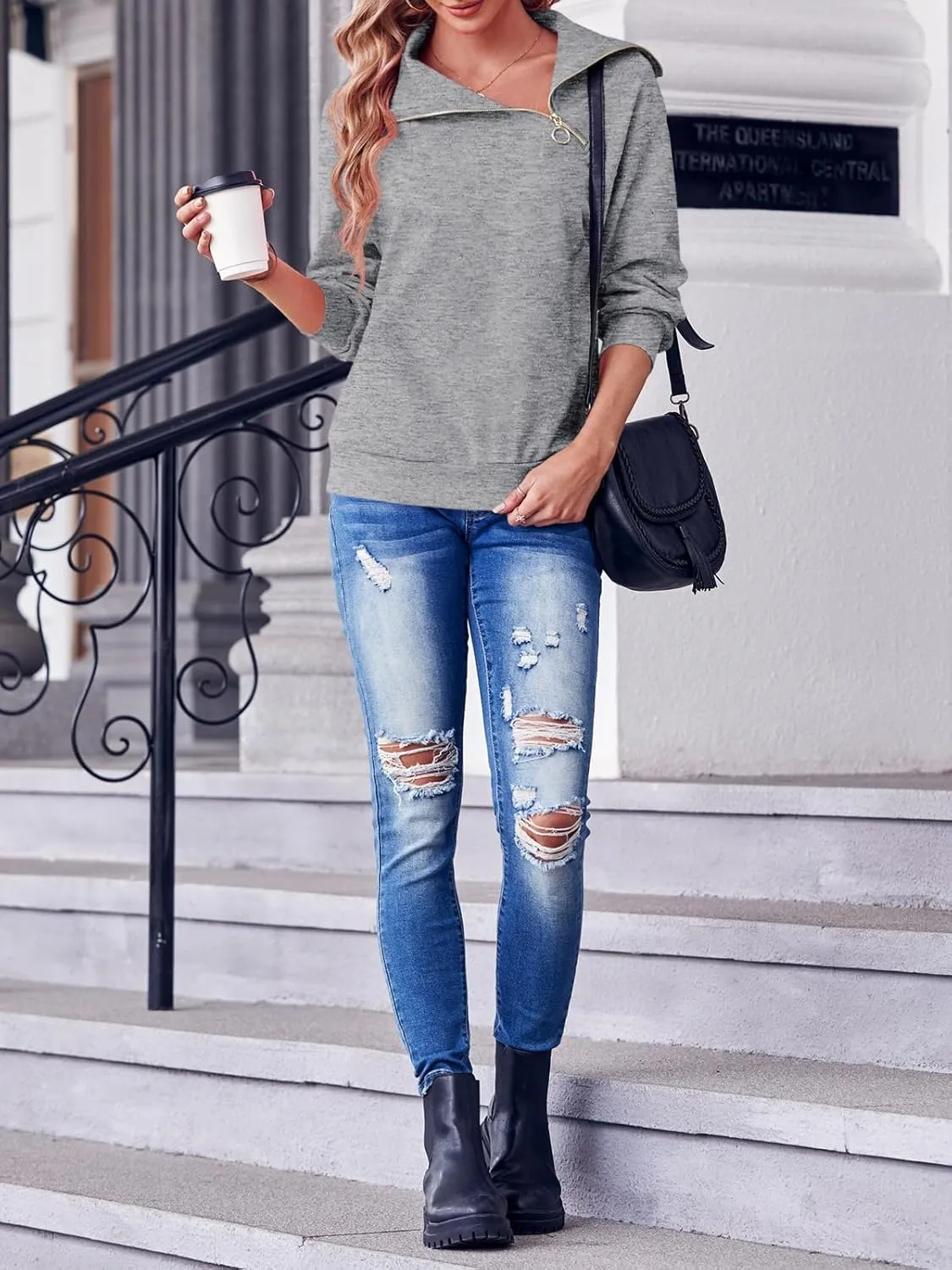 Womens Zipper Sweatshirt Turtleneck Long Sleeve Pullover Casual Loose Sweatshirts Top T Shirts