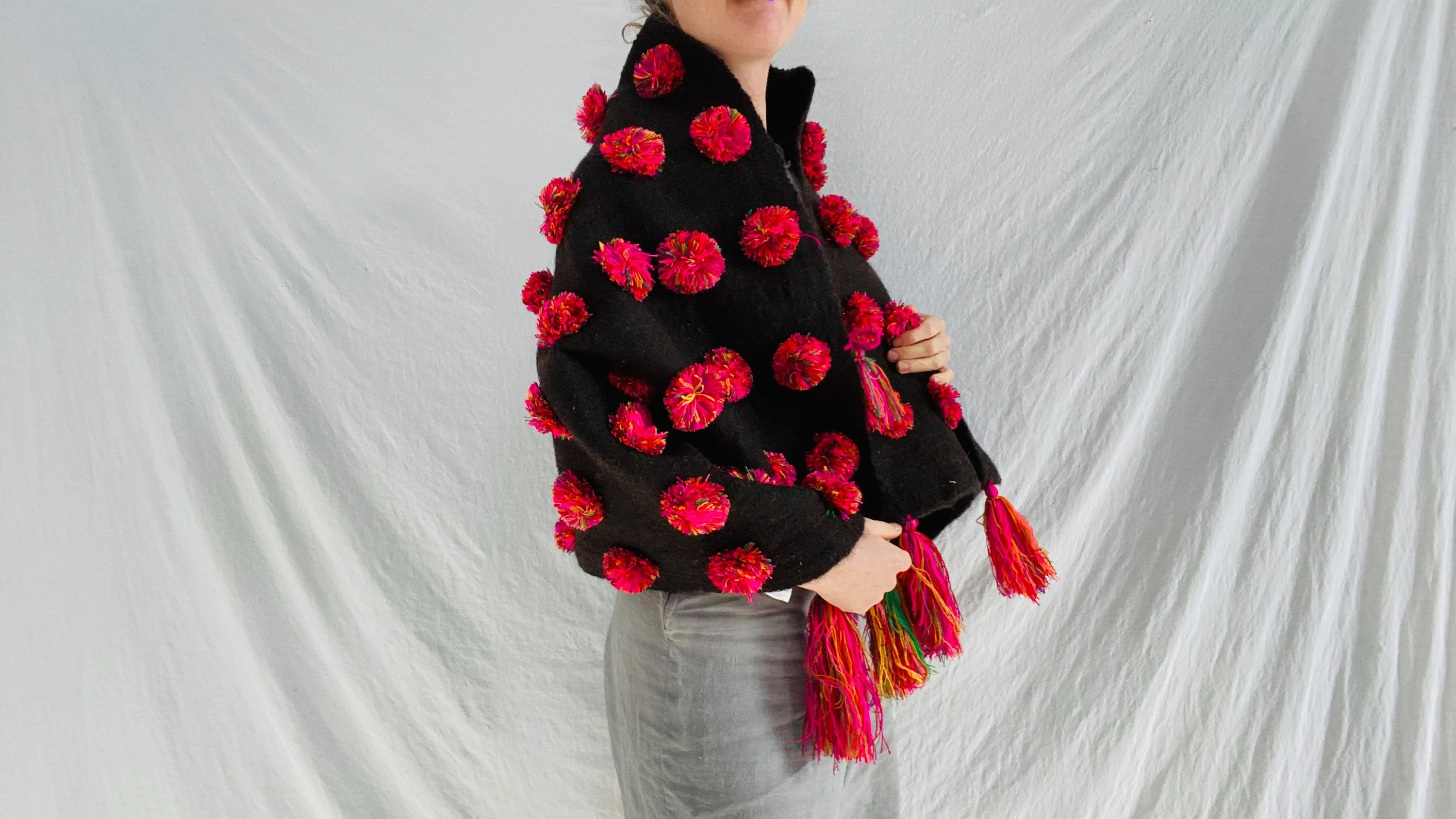 Wool Shawl. Colorful Pom Poms & Tassels. Brown. Mexico