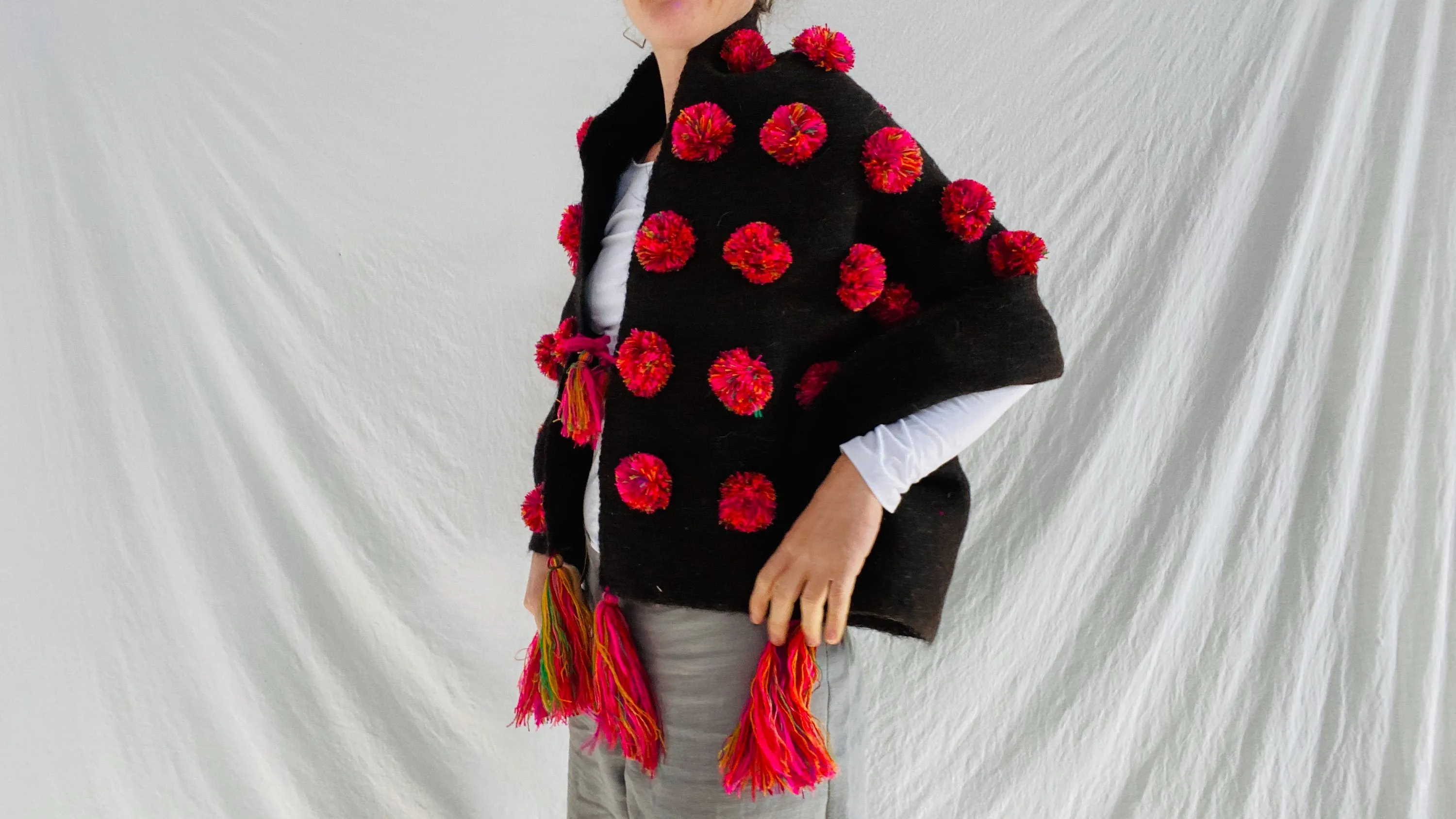 Wool Shawl. Colorful Pom Poms & Tassels. Brown. Mexico
