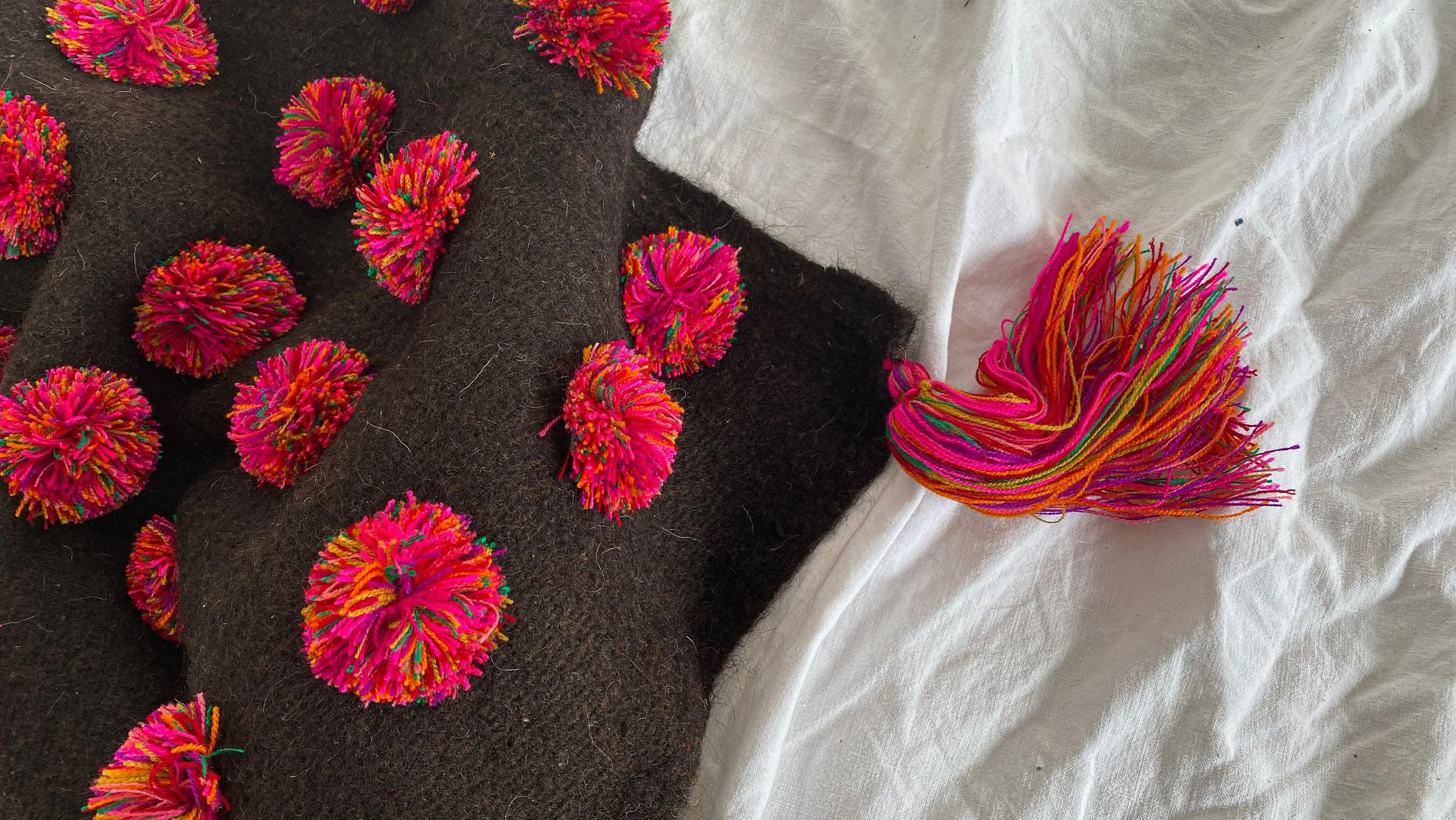 Wool Shawl. Colorful Pom Poms & Tassels. Brown. Mexico
