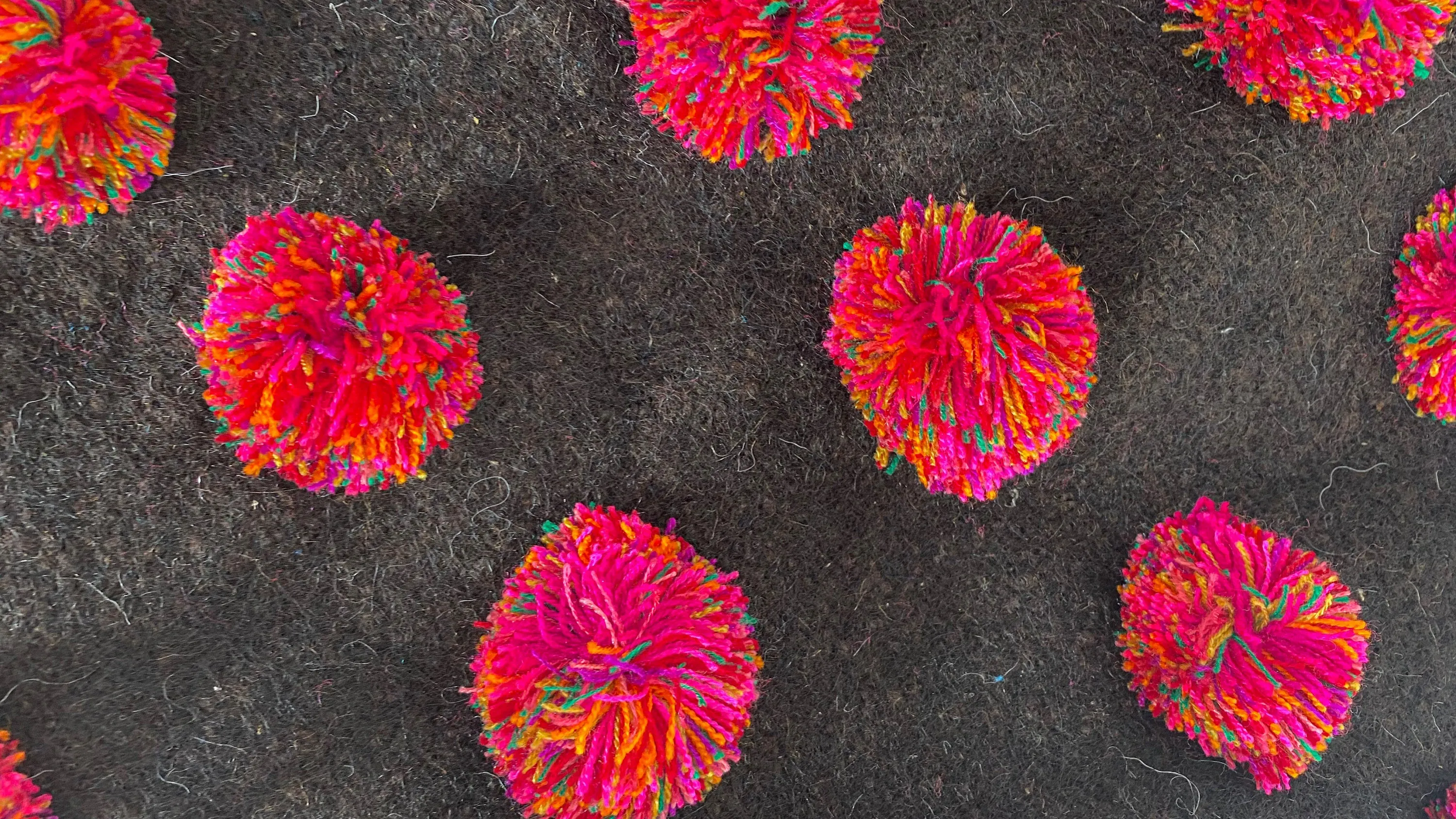 Wool Shawl. Colorful Pom Poms & Tassels. Brown. Mexico