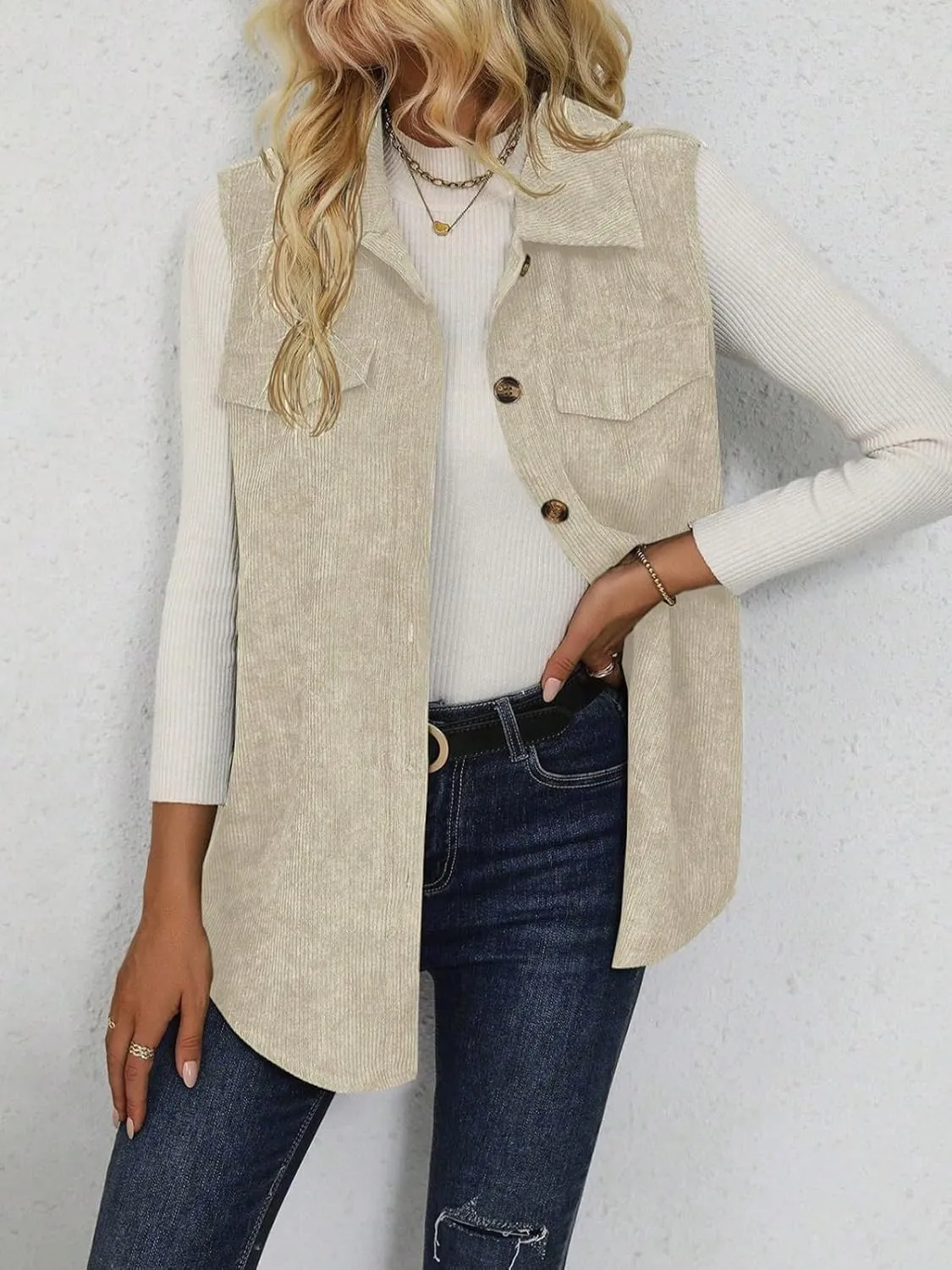 Wowcarbazole Womens Solid Vest Button Down Sleeveless Lapel Neck Long Vest Tops Outerwear Casual Corduroy Waistcoat Shirts
