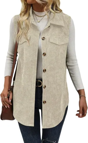 Wowcarbazole Womens Solid Vest Button Down Sleeveless Lapel Neck Long Vest Tops Outerwear Casual Corduroy Waistcoat Shirts