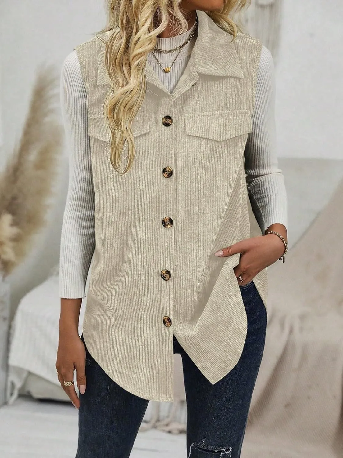 Wowcarbazole Womens Solid Vest Button Down Sleeveless Lapel Neck Long Vest Tops Outerwear Casual Corduroy Waistcoat Shirts