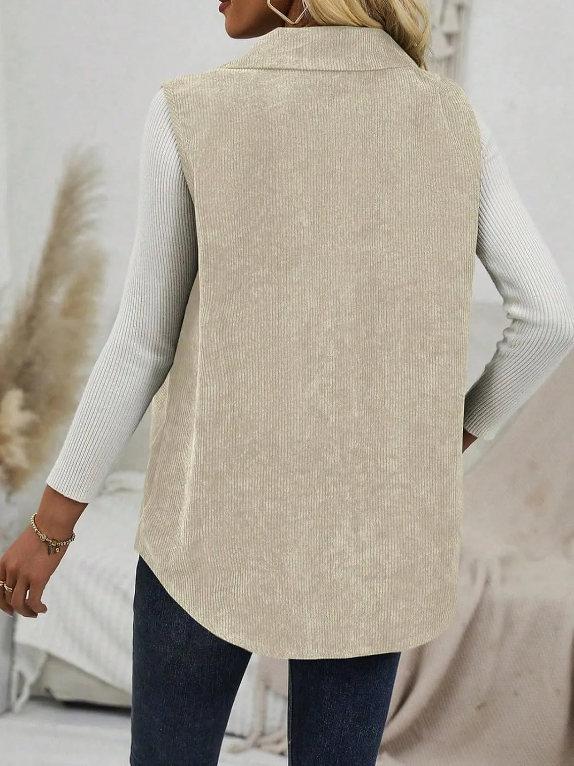 Wowcarbazole Womens Solid Vest Button Down Sleeveless Lapel Neck Long Vest Tops Outerwear Casual Corduroy Waistcoat Shirts