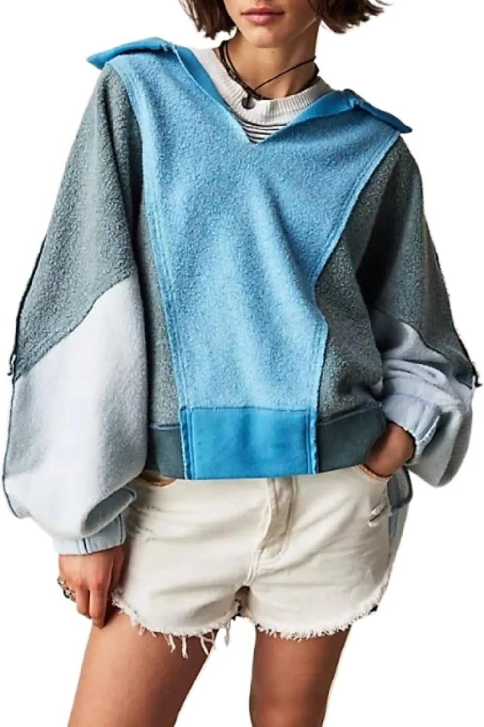 XPONNI V Neck Oversized Sweatershirt Fashion Women Y2k Fleece Patchwork Pullover Cute Colorful Hoodies 2024 Fall