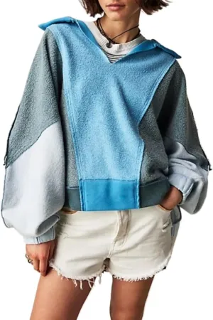 XPONNI V Neck Oversized Sweatershirt Fashion Women Y2k Fleece Patchwork Pullover Cute Colorful Hoodies 2024 Fall
