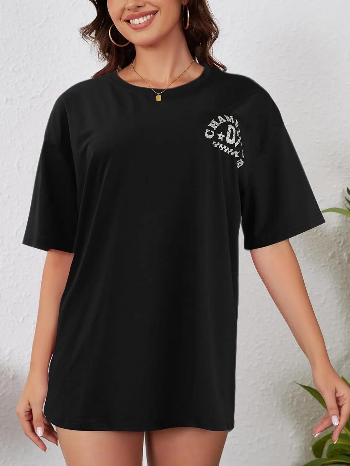 YIJIU Women's Graphic Oversized T Shirts Letter Print Short Sleeve Loose Casual Summer Tops