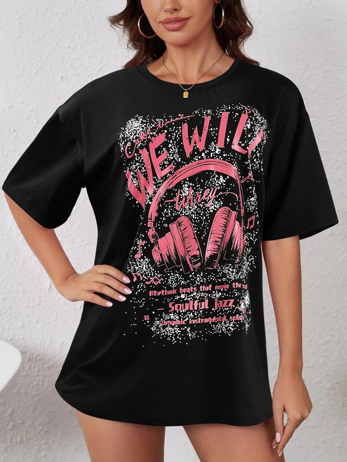 YIJIU Women's Graphic Oversized T Shirts Letter Print Short Sleeve Loose Casual Summer Tops