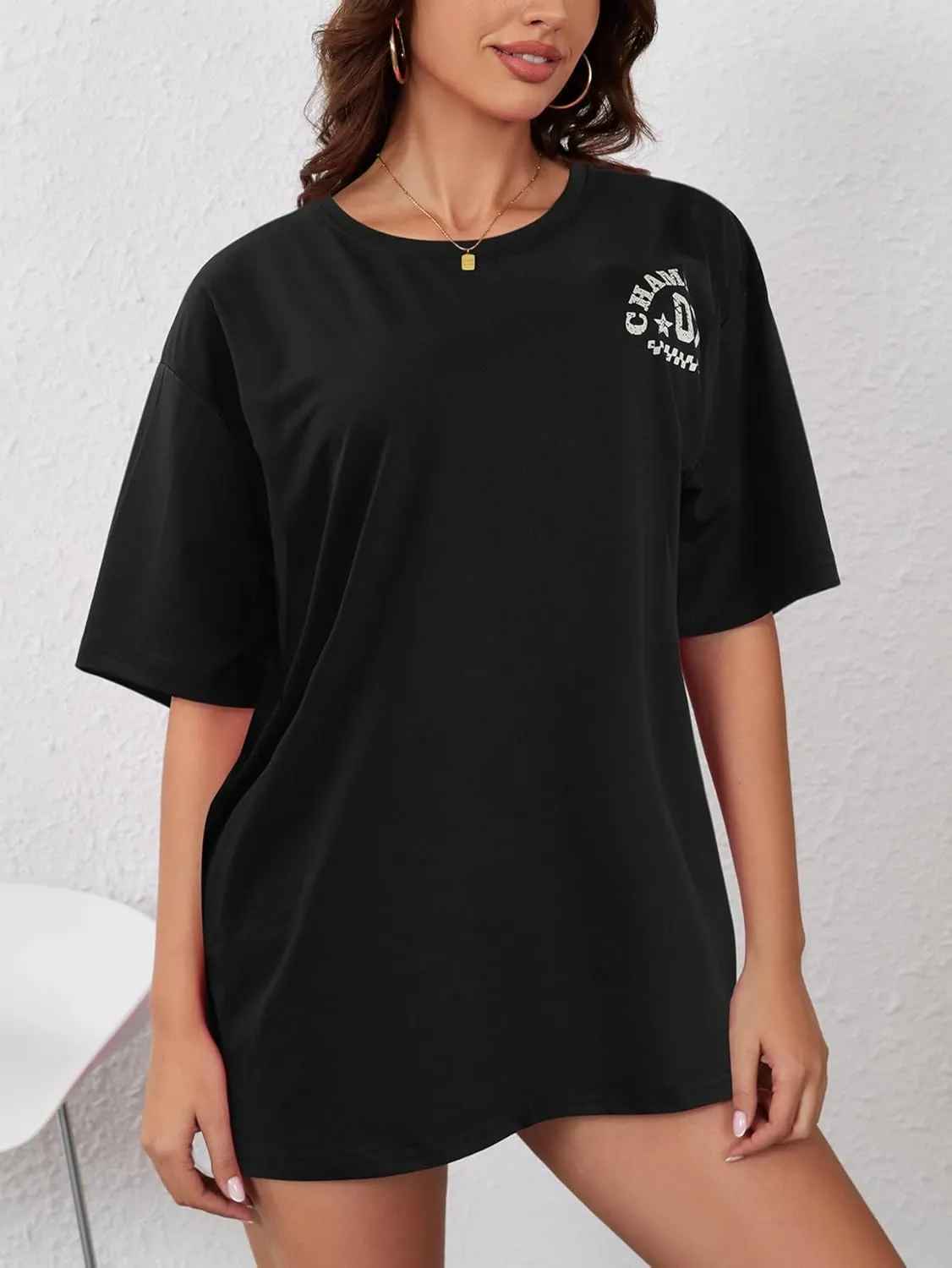 YIJIU Women's Graphic Oversized T Shirts Letter Print Short Sleeve Loose Casual Summer Tops