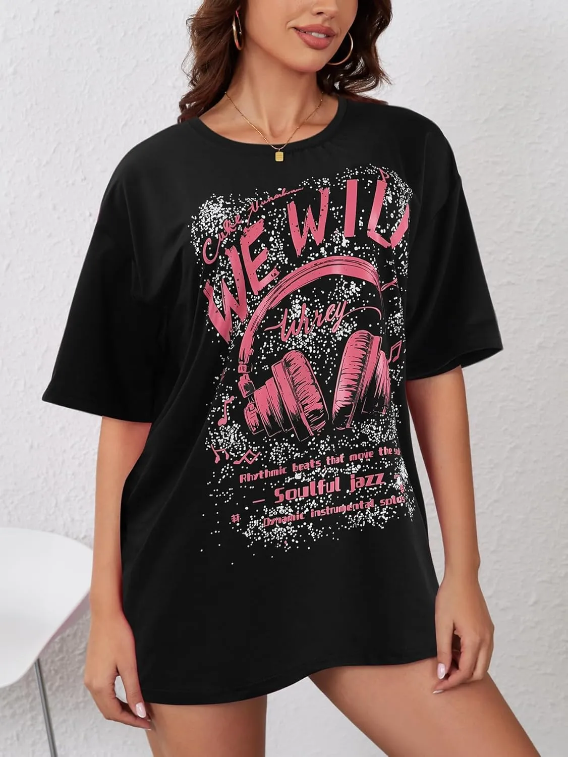 YIJIU Women's Graphic Oversized T Shirts Letter Print Short Sleeve Loose Casual Summer Tops