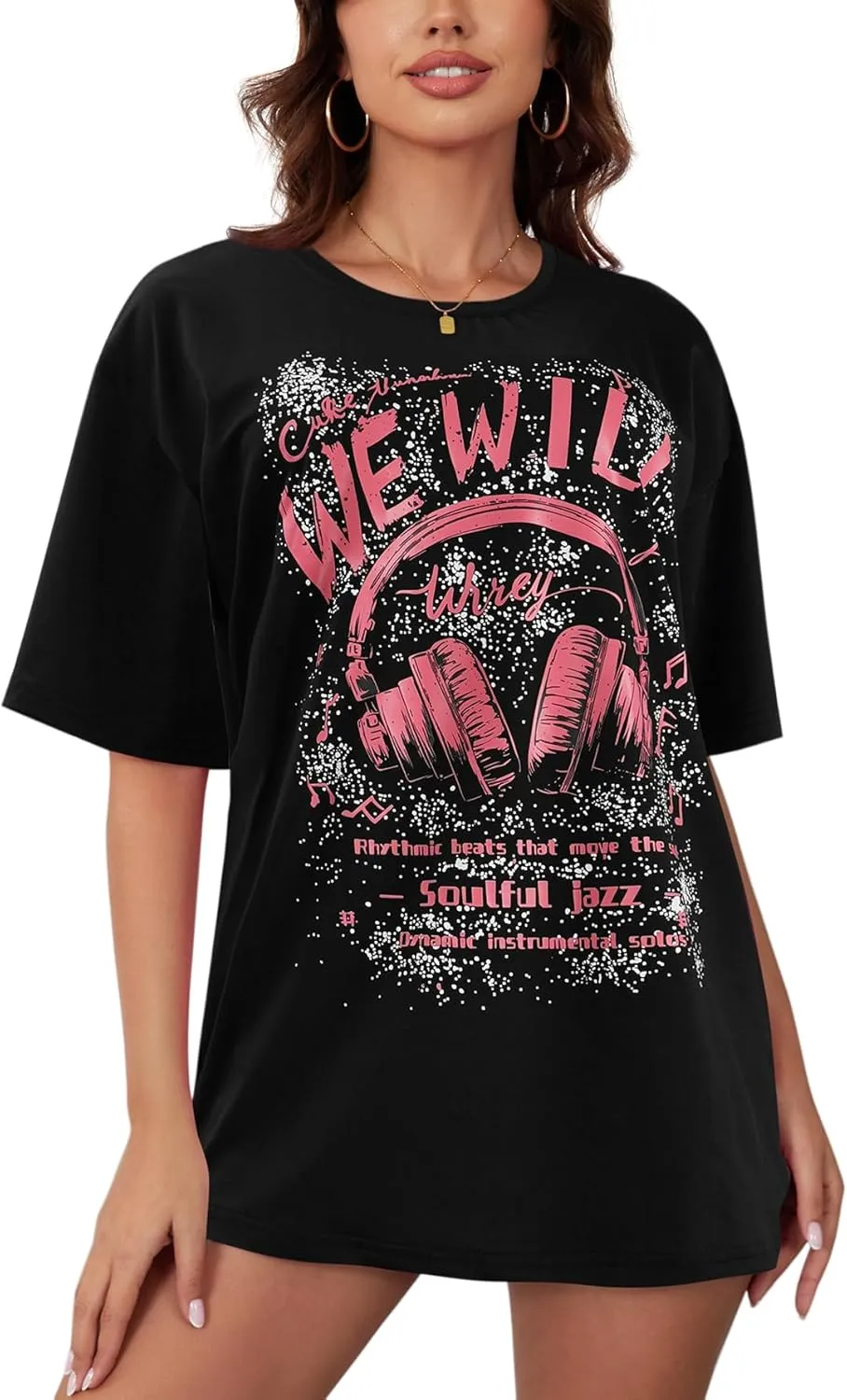 YIJIU Women's Graphic Oversized T Shirts Letter Print Short Sleeve Loose Casual Summer Tops
