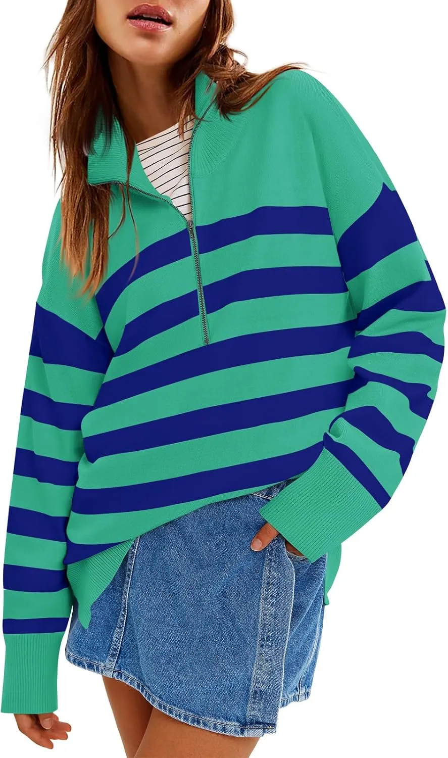 Yousify Womens Casual Long Sleeve Half Zip Striped Pullover Sweaters V Neck Color Block Ribbed Knit Loose Jumper Tops