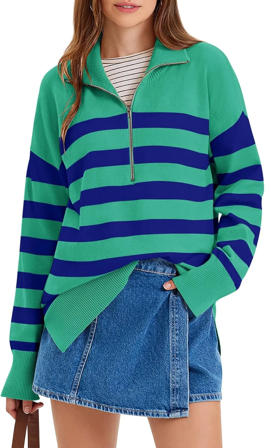 Yousify Womens Casual Long Sleeve Half Zip Striped Pullover Sweaters V Neck Color Block Ribbed Knit Loose Jumper Tops