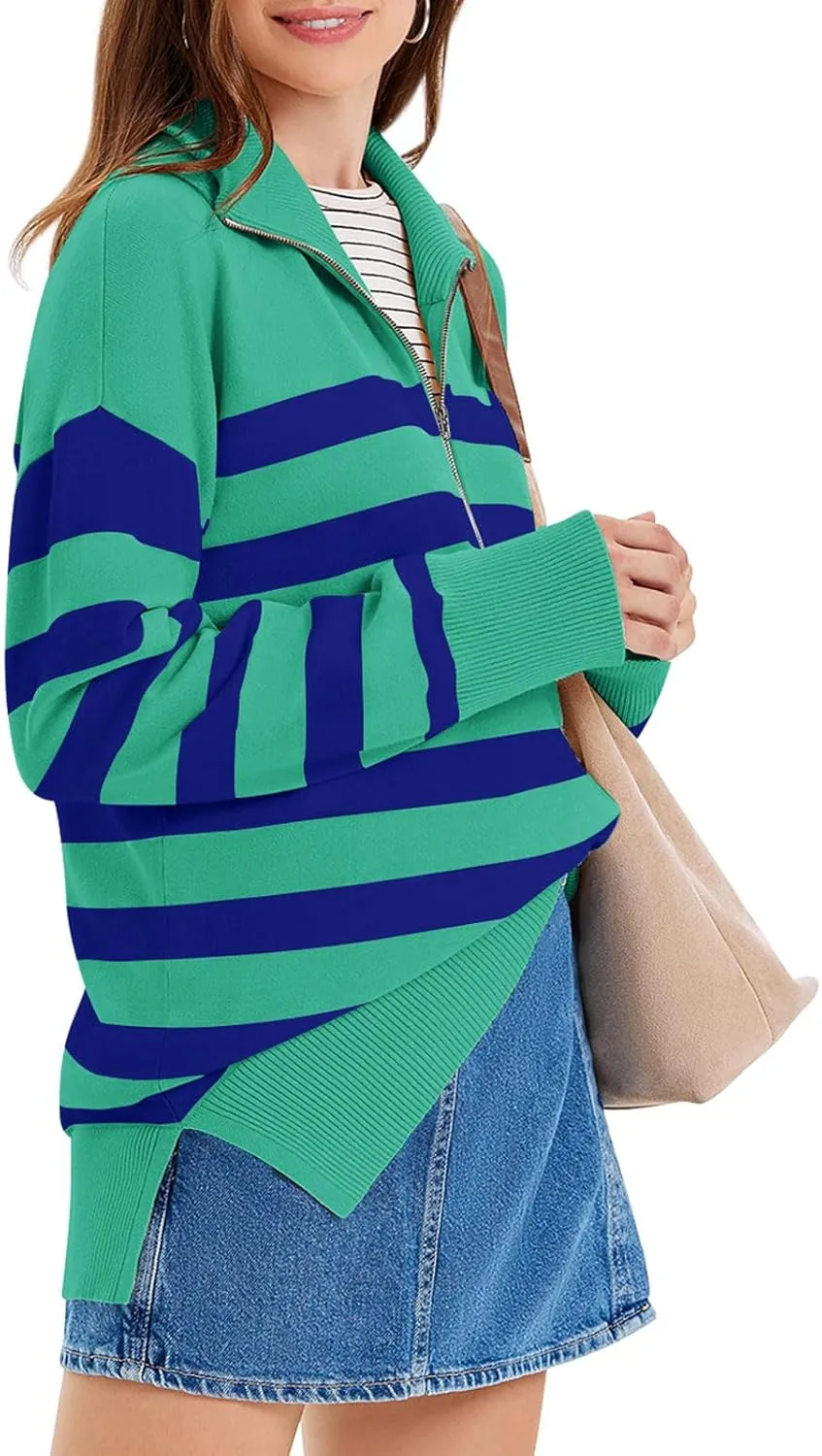 Yousify Womens Casual Long Sleeve Half Zip Striped Pullover Sweaters V Neck Color Block Ribbed Knit Loose Jumper Tops