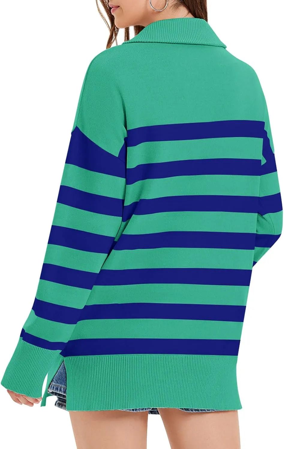 Yousify Womens Casual Long Sleeve Half Zip Striped Pullover Sweaters V Neck Color Block Ribbed Knit Loose Jumper Tops