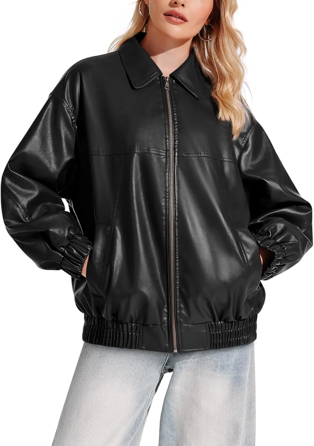 Yousify Womens Leather Jacket Oversized Faux Casual Zip Up Bomber Motorcycle Jackect Trendy Fall Winter Clothes S-XXL
